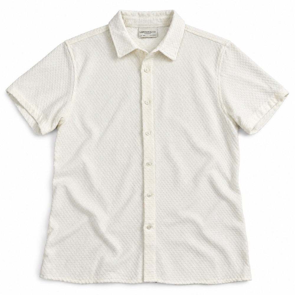 Larsson & Co Premium Camp Shirt Mens Small Ivory Textured Short Sleeve Button Up